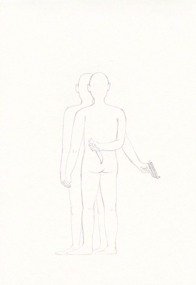 holding gun knife behind back sketch
